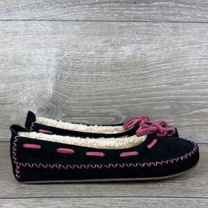 L.L. Bean Hearthside Black Leather Pink Sherpa Lined Women’s Sz 8M Moccasins